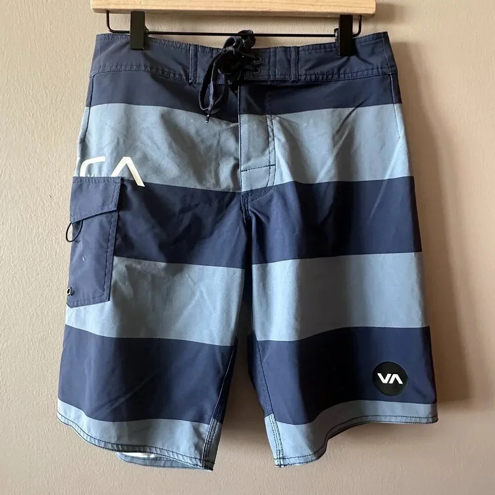 Men's 28 RVCA Board Surf Swim Shorts Navy Gray Velcro Tie Beach Summer